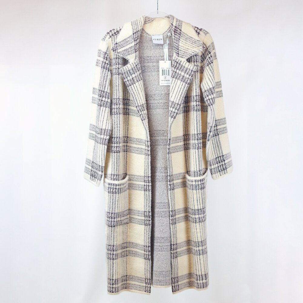 CYRUS OPEN PLAID MINK COAT SWEATER SUPER SOFT W/POCKETS VANILLA/MAHOGANY SIZE S